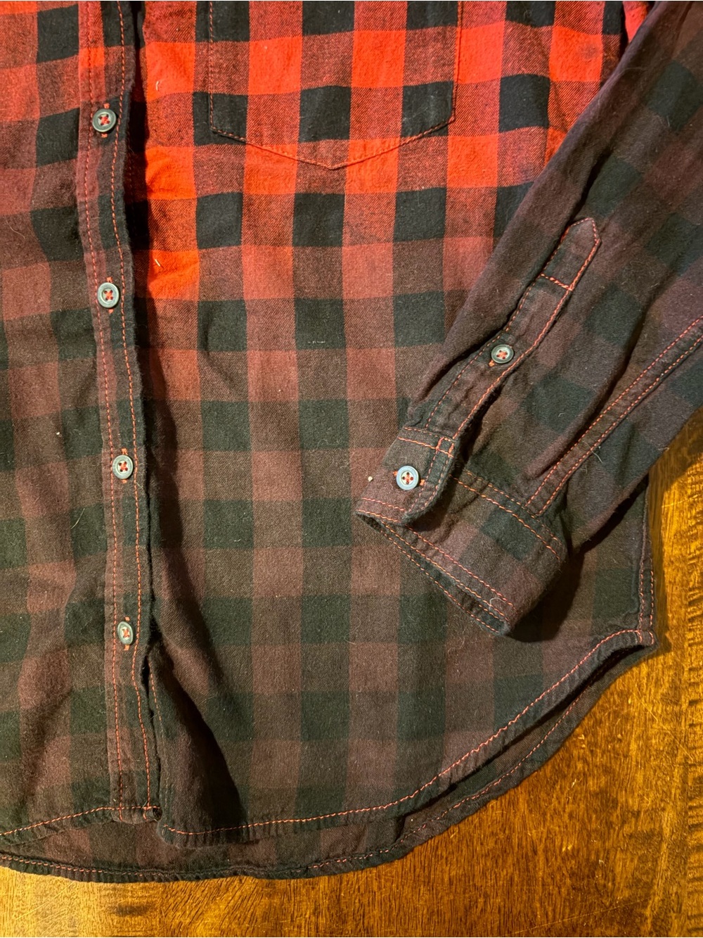 Upcycled CBGB OMFUG Graphic Ombré Dyed Red and Black Plaid Flannel Shirt Sz Med - Picture 6 of 7